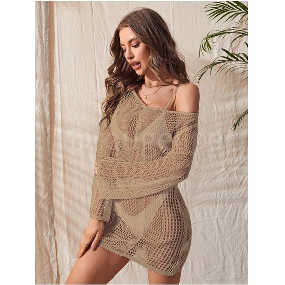 Crochet Hollow Out Long Bell Sleeve Backless Mini Beach Coverup Short Khaki Tan - Picture 5 of 6
